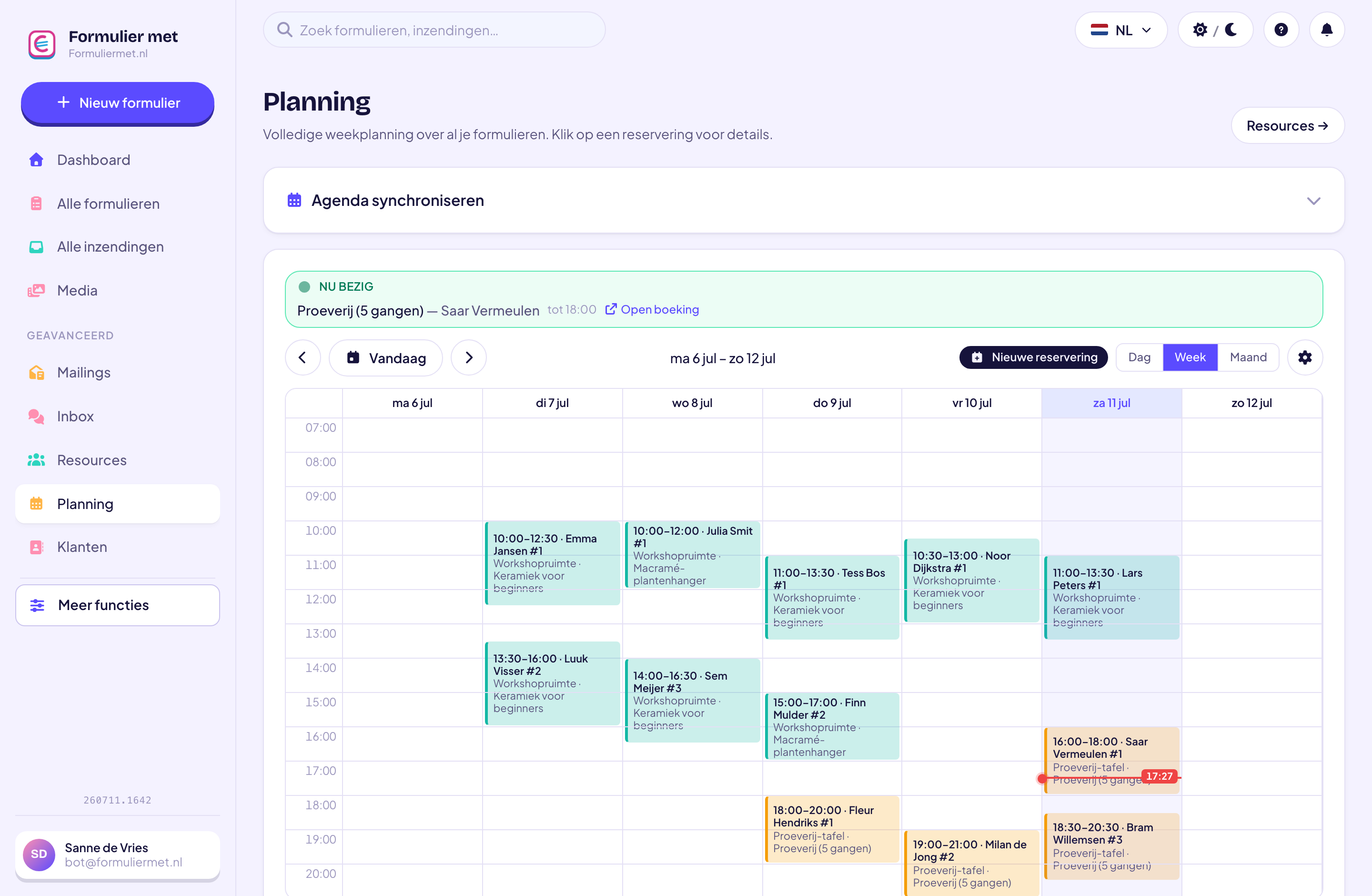 De weekplanning met reserveringen in Formuliermet.nl